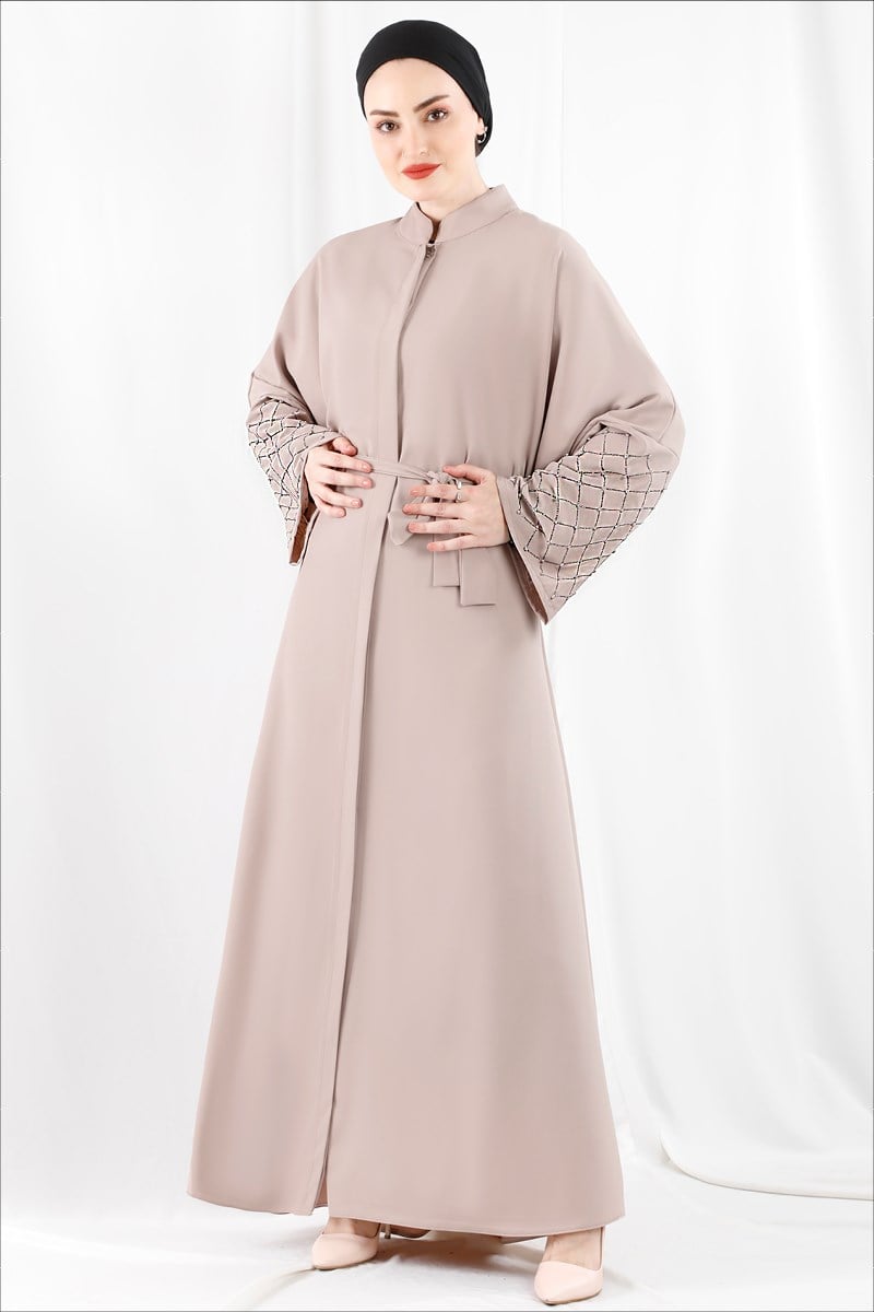 1368 Kolları Taş İşlemeli Vizon Abaya