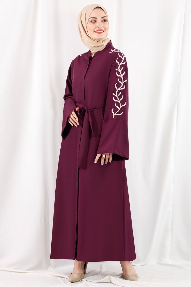 1411 Sarmaşık Nakışlı Mürdüm Abaya