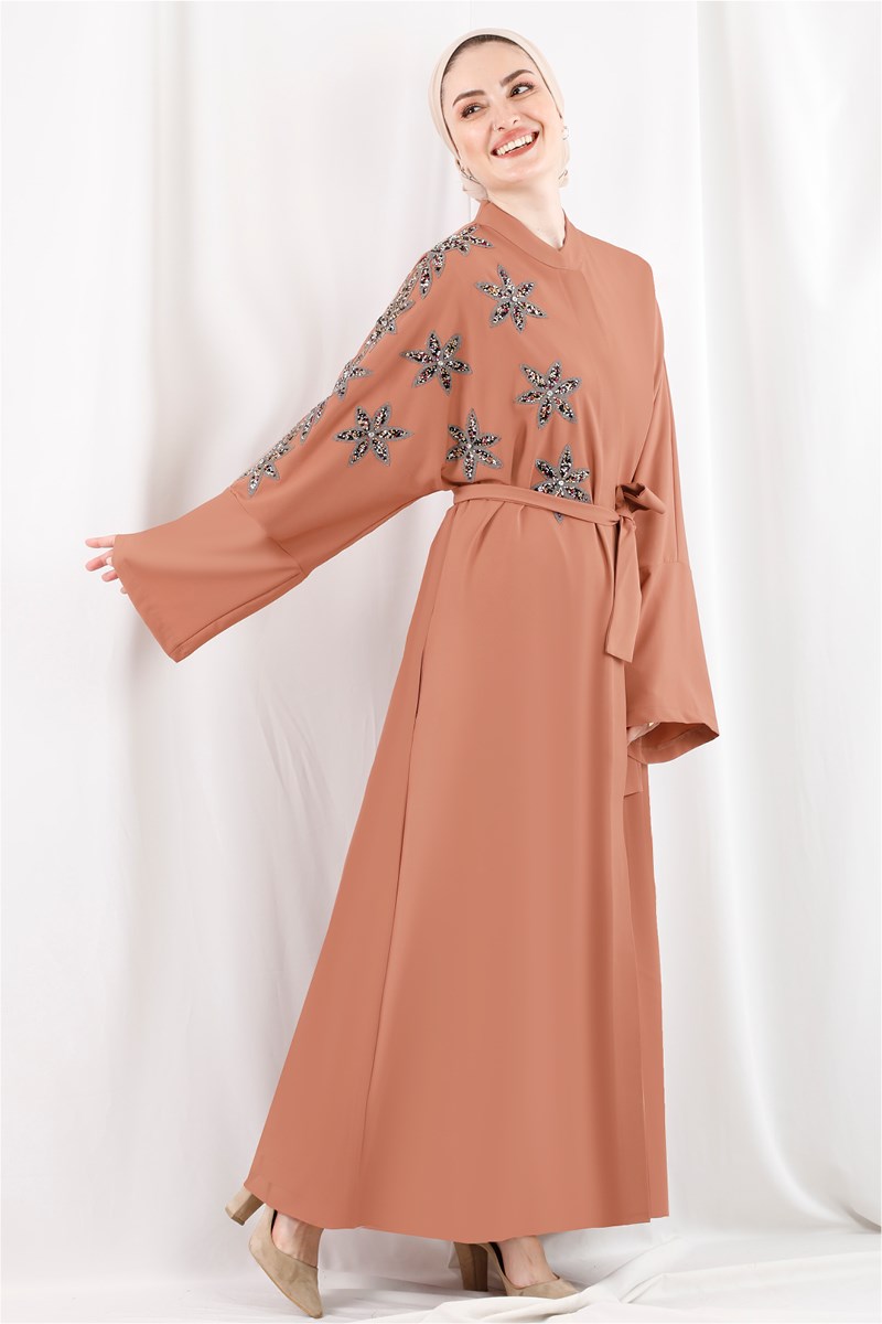 1419 Zambak İşlemeli Koyu Somon Abaya