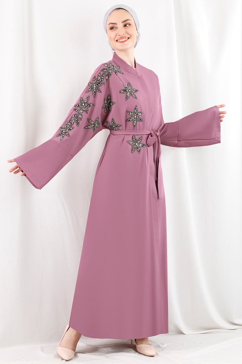 1419 Zambak İşlemeli Pudra Abaya