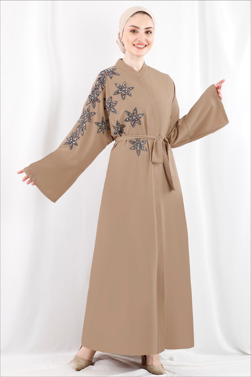1419 Zambak İşlemeli Taş Abaya
