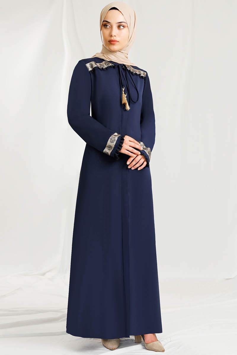 1426 Bronz Şeritli Ferace Lacivert