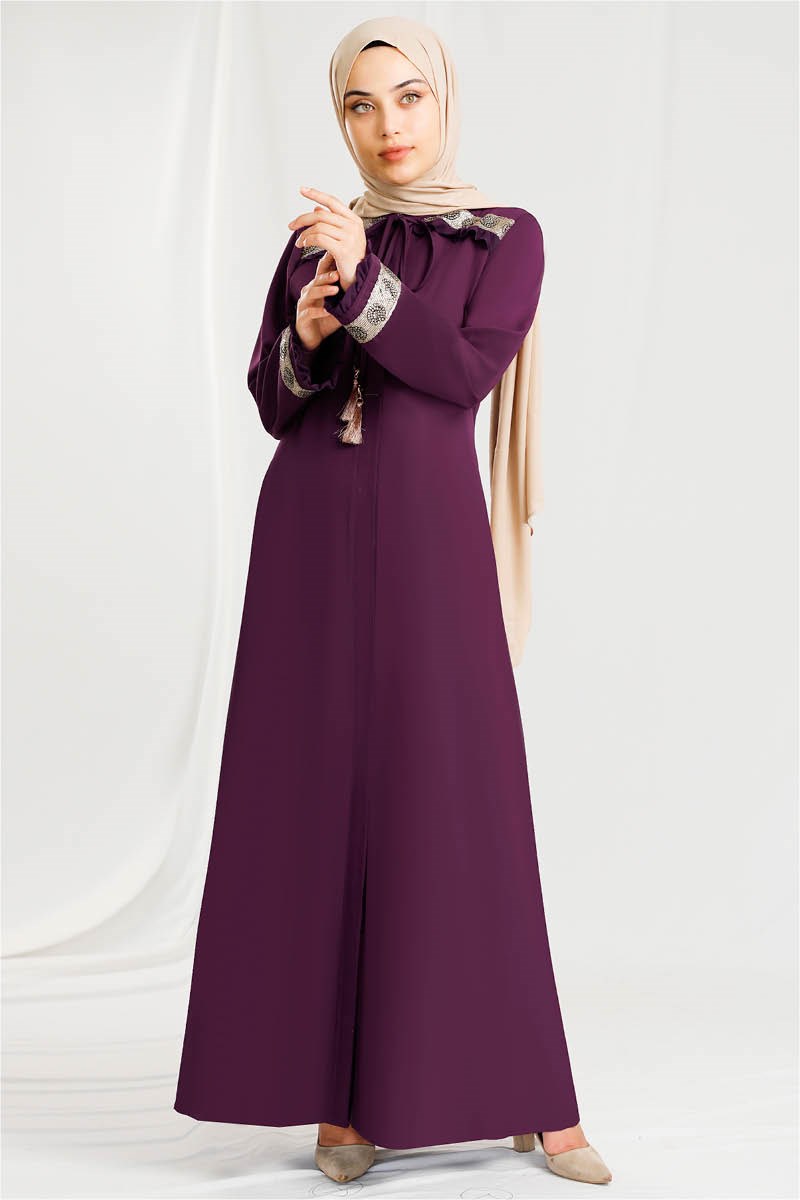 1426 Bronz Şeritli Ferace Mor