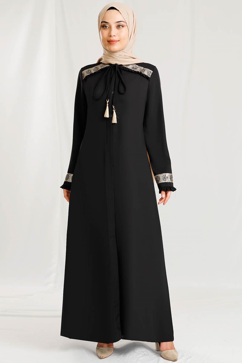 1426 Bronz Şeritli Ferace Siyah