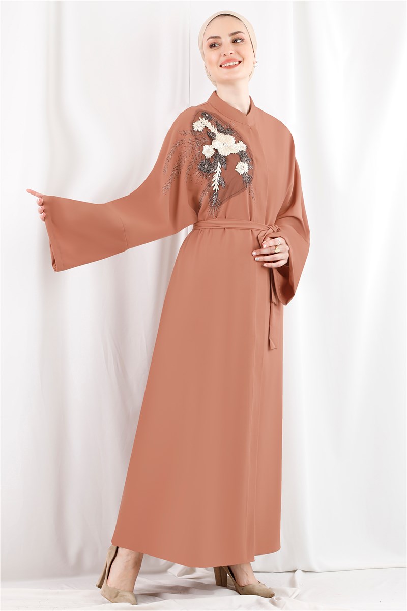 1455 Lena Taş İşlemeli Koyu Somon Abaya