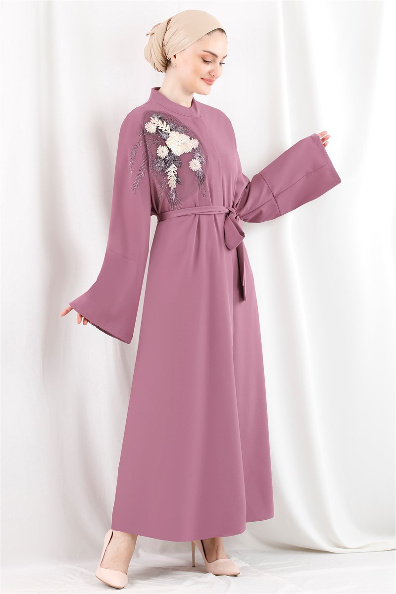 1455 Lena Taş İşlemeli Pudra Abaya