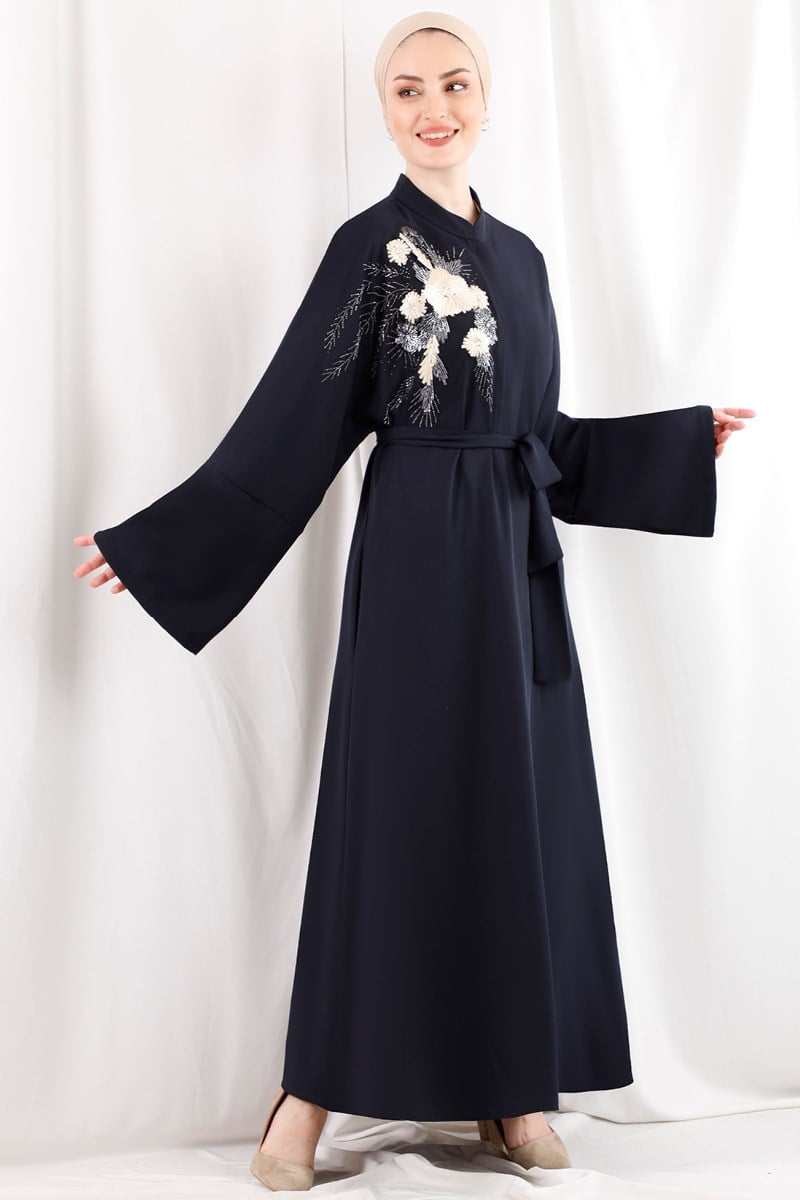 1455 Lena Taş İşlemeli Siyah Abaya