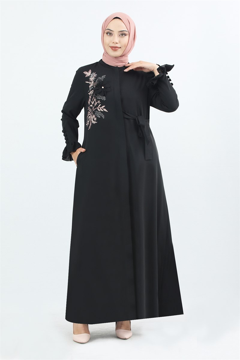 1875 Kolu Düğme Detaylı Büzgülü Ferace Siyah