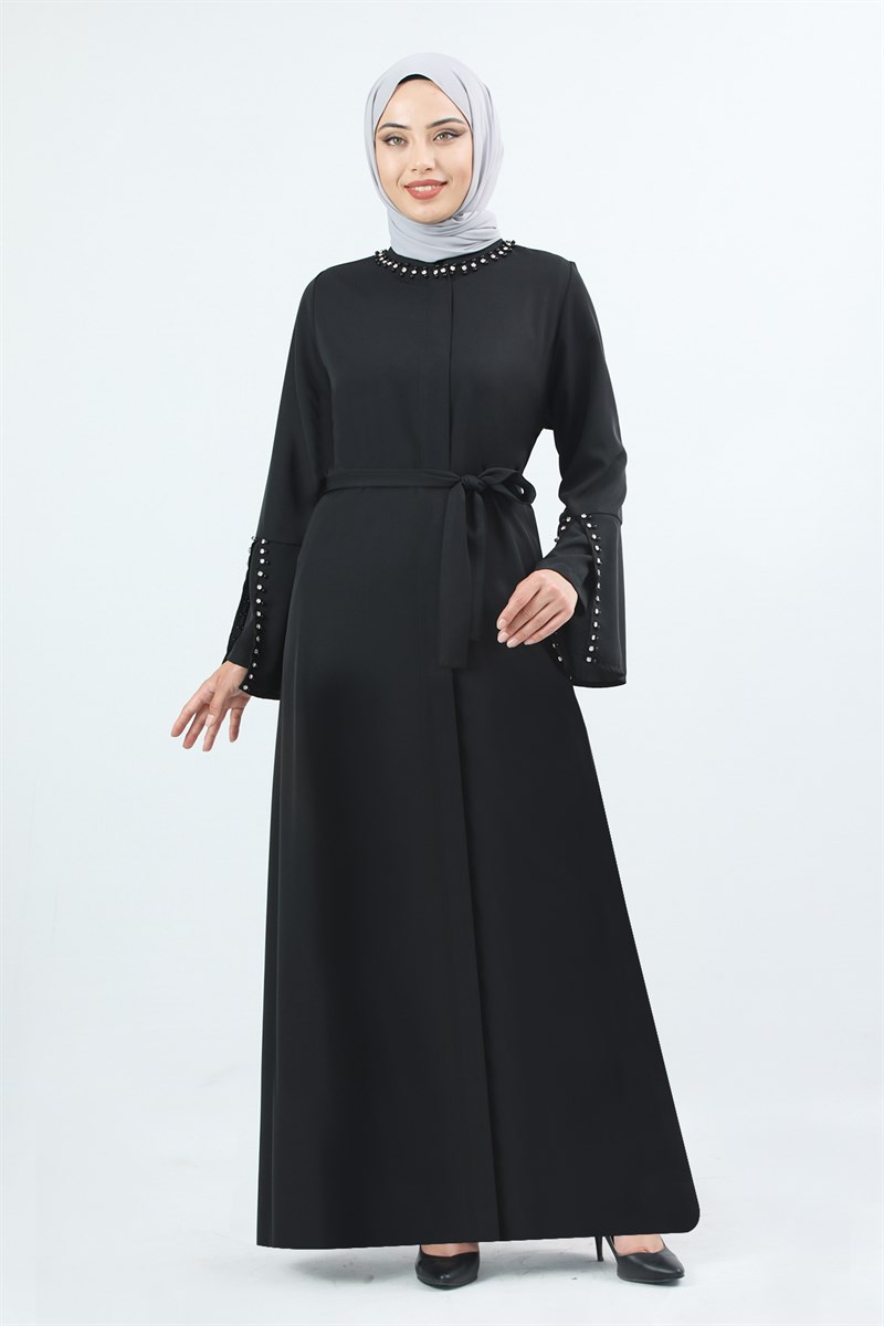 1984 Kolu Yırtmaçlı Gizli Düğmeli Ferace Siyah