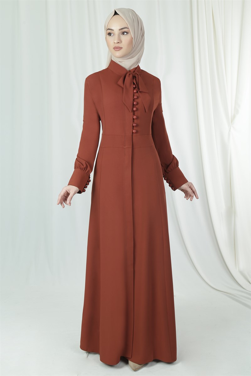 2046 Bow Collar Button Detailed Brick Red Abaya