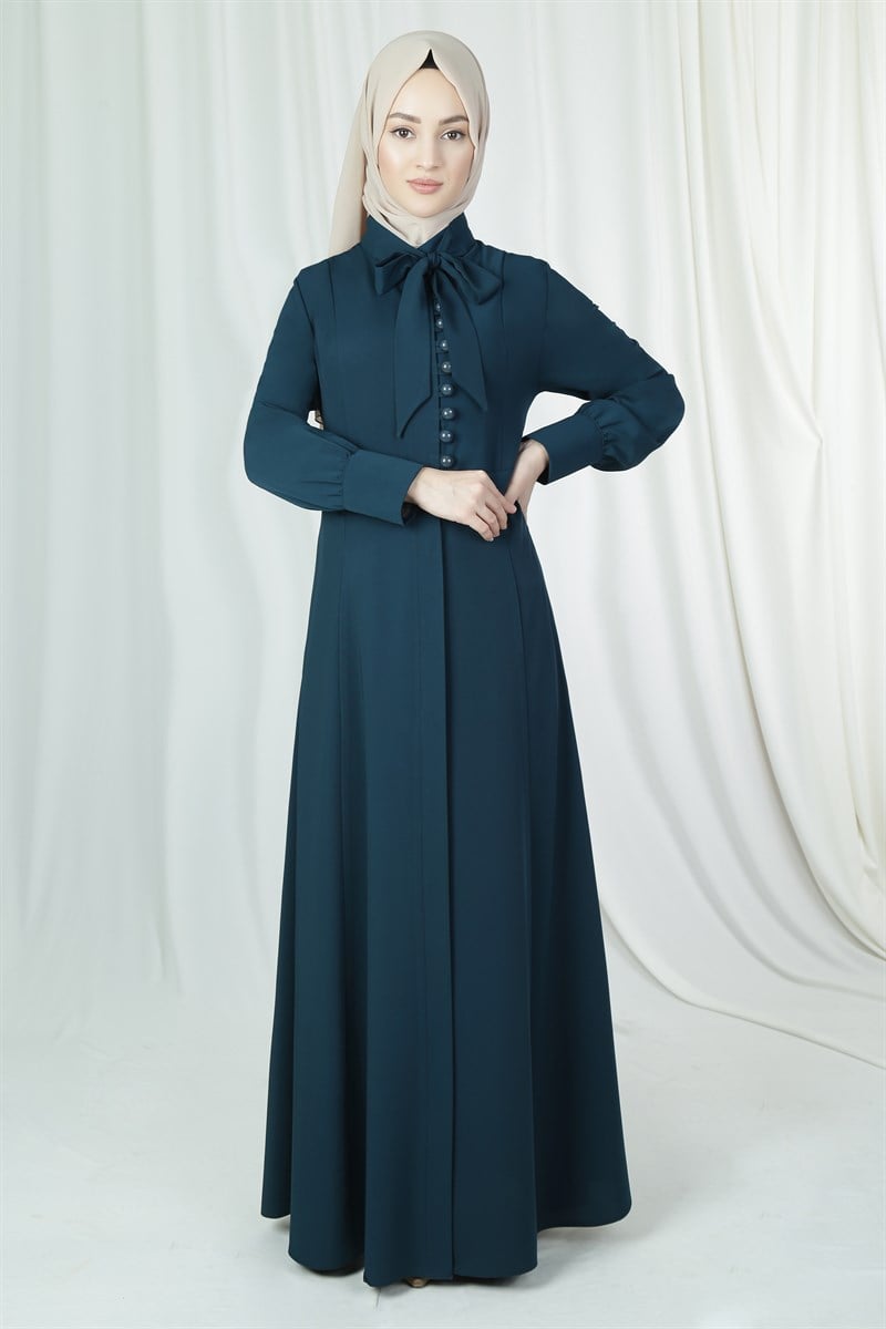 2046 Bow Collar Button Detailed Petrol Abaya