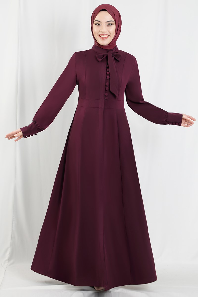 2046 Bow Collar Button Detailed Damson Abaya