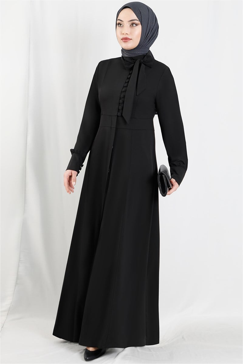 2046 Bow Collar Button Detailed Black Abaya