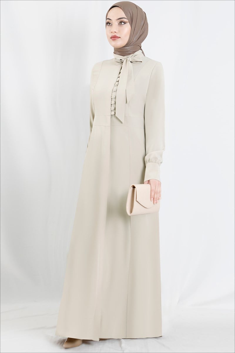 2046 Bow Collar Button Detailed Mink Abaya