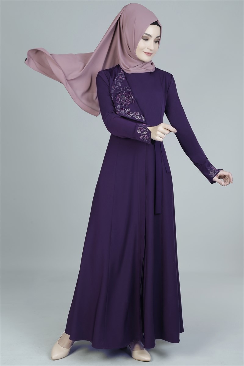 3033 Taş Detaylı Mürdüm Ferace