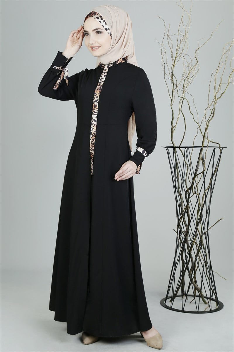 3070 Leopar Desenli Siyah Ferace
