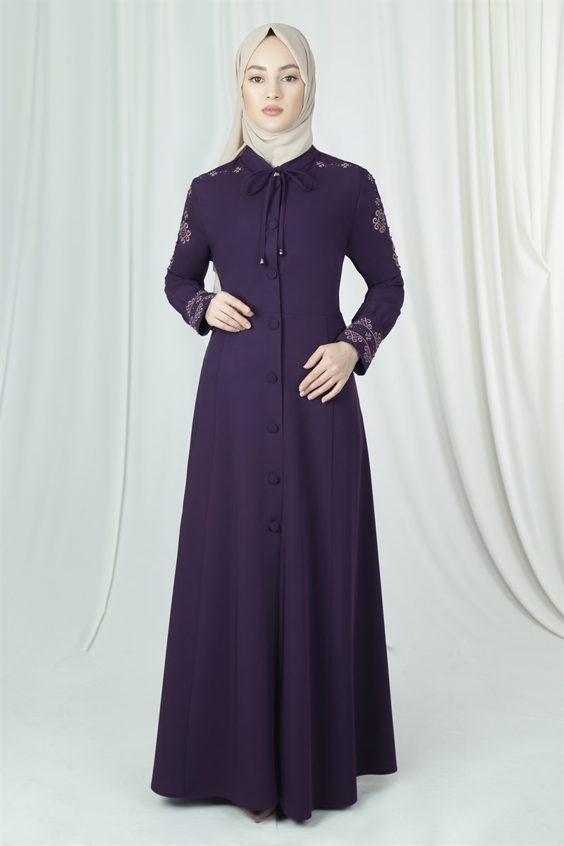 3073 Mine Embroidered Sholders & Slevees Damson Abaya