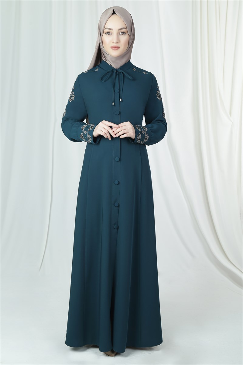 3073 Mine Embroidered Sholders & Slevees Petrol Abaya
