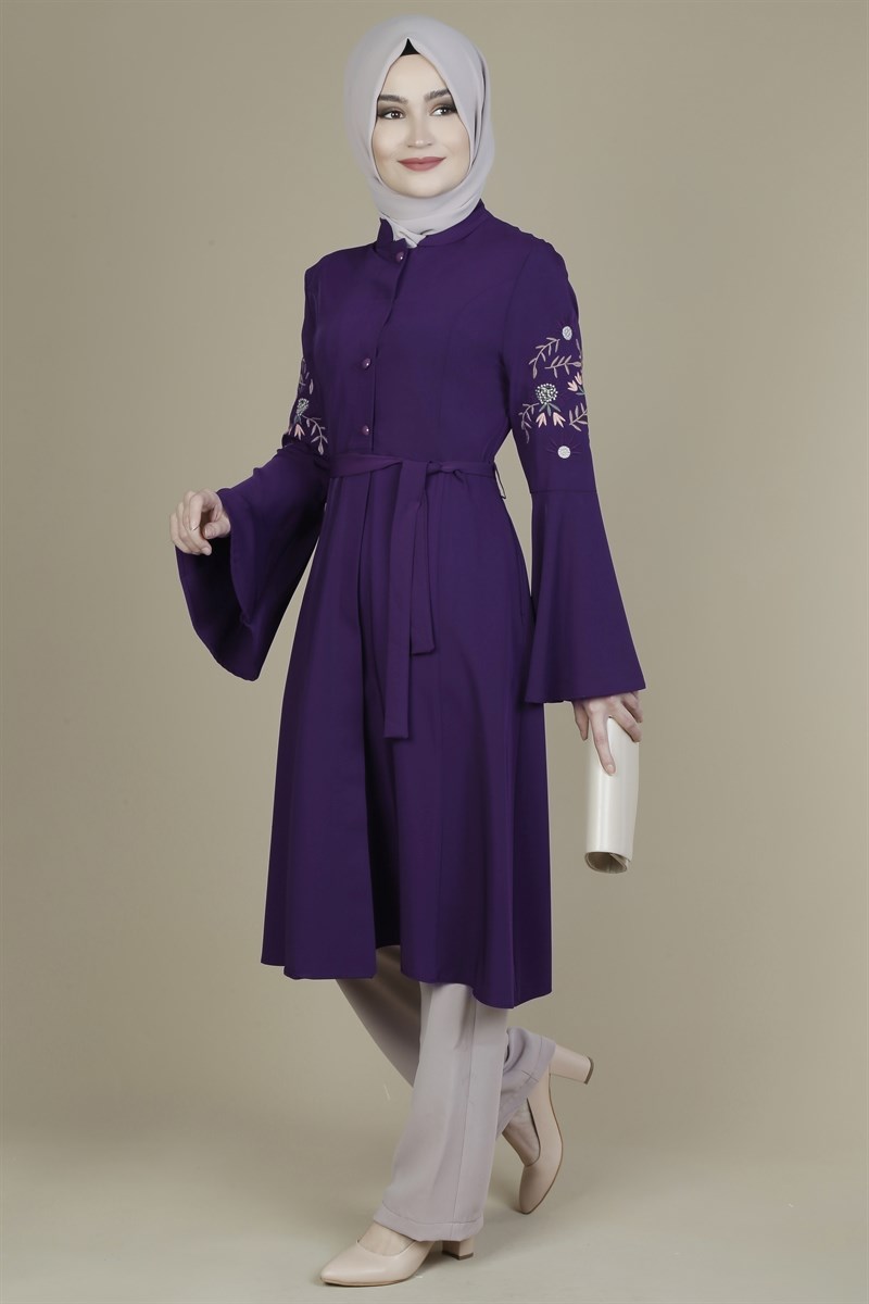 Kolları Nakışlı Mürdüm Tunik