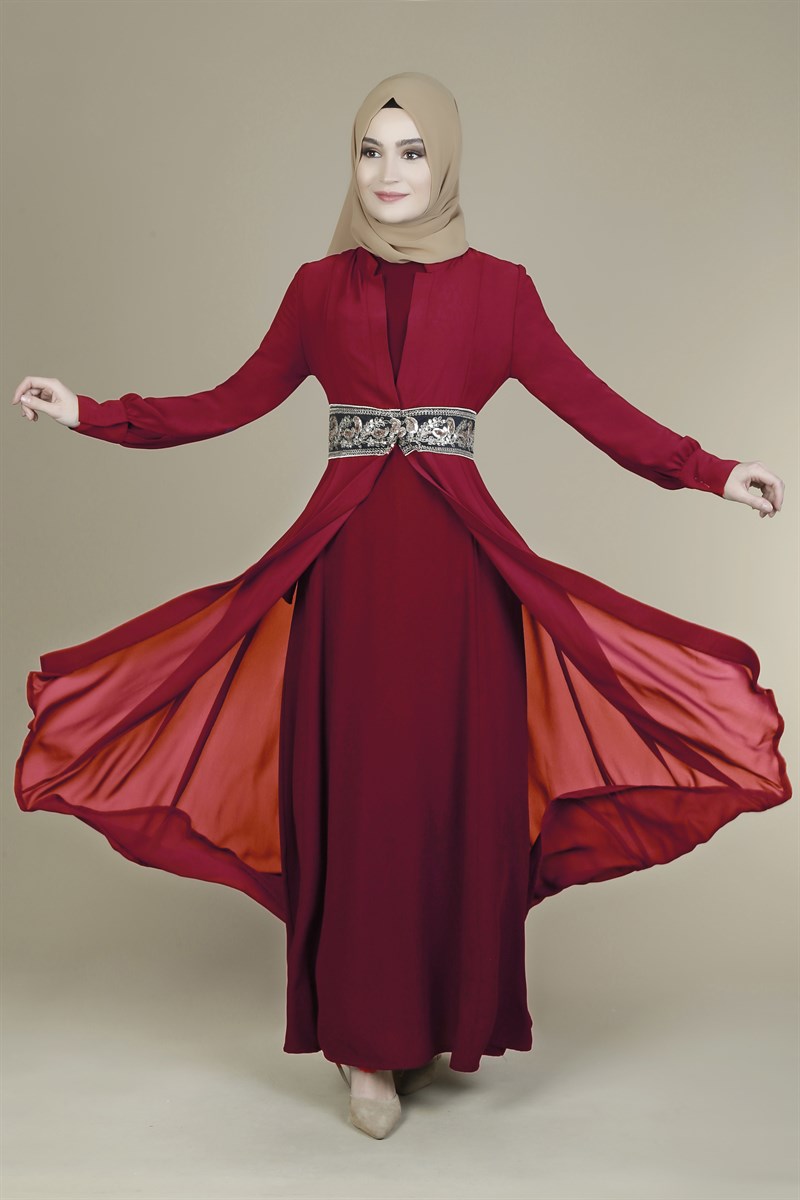 3094 Sendy Şifon Yelekli Bordo Ferace