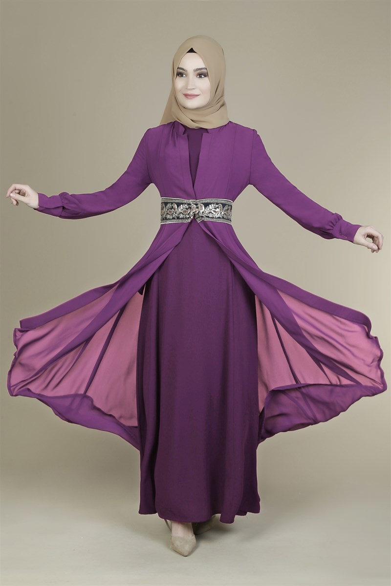 3094 Sendy Şifon Yelekli Mor Ferace