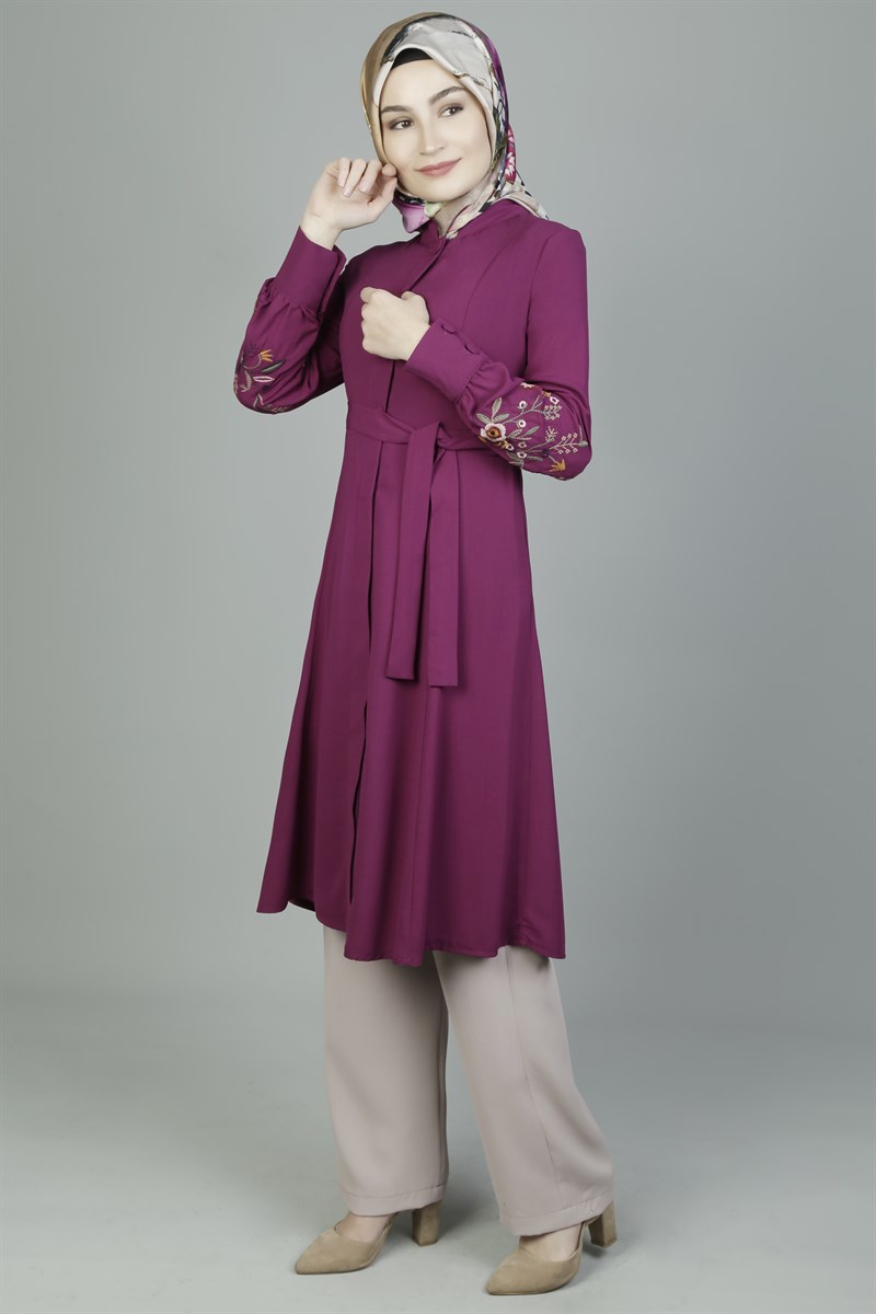 Kolları Nakışlı Mürdüm Tunik