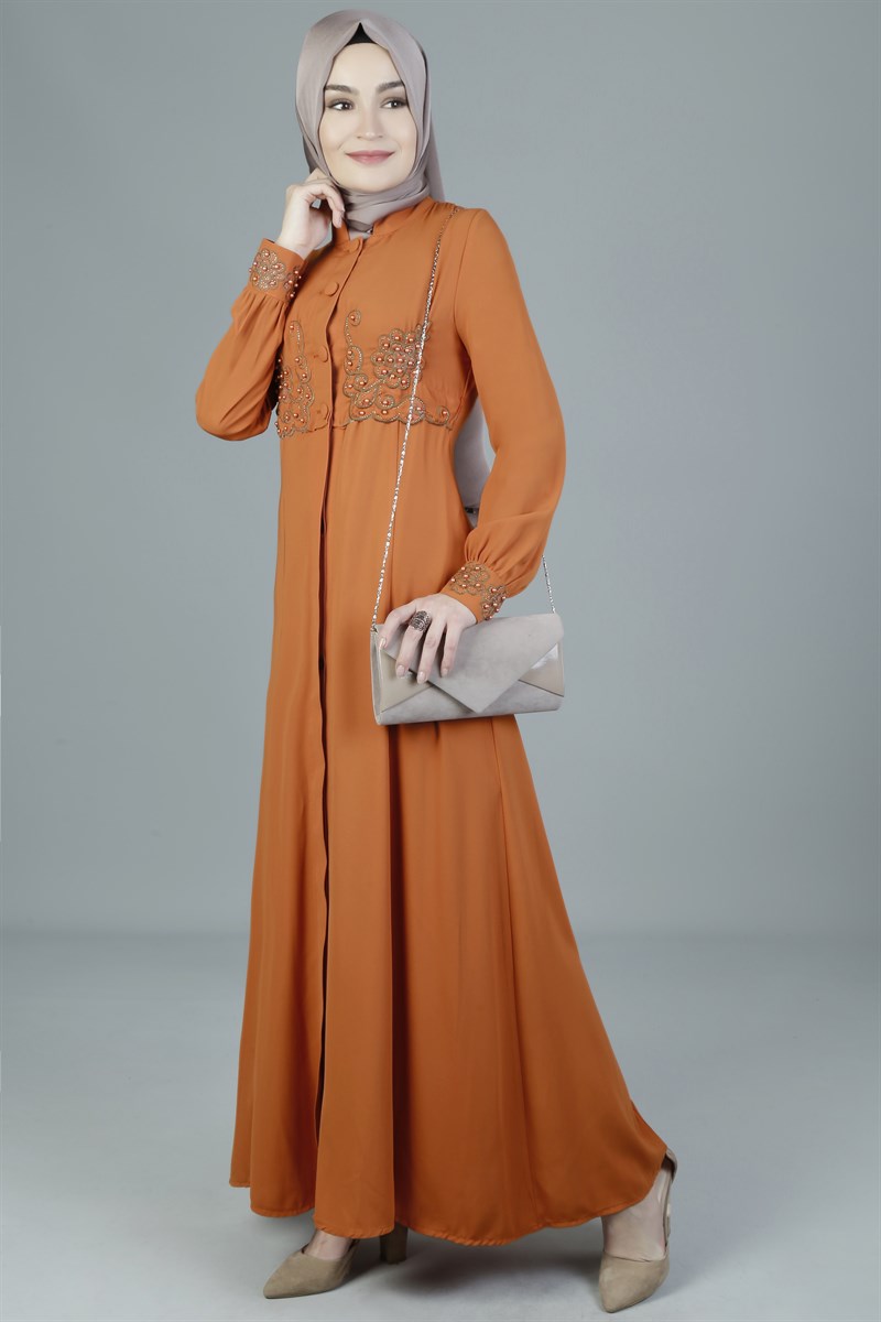 3118 Nakış ve İnci İşlemeli Oranj Ferace