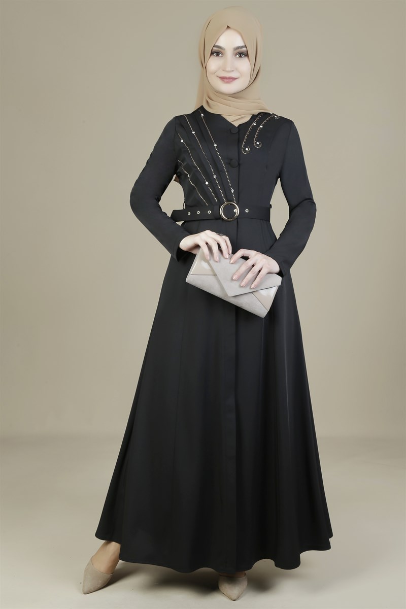 3191 Nervür Desenli Siyah Ferace