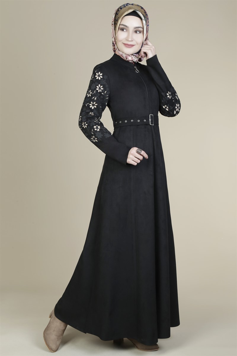 Kolları Lazer Kesim Süet Siyah Ferace
