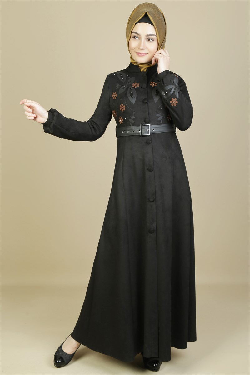 Kemer Detaylı Siyah Ferace