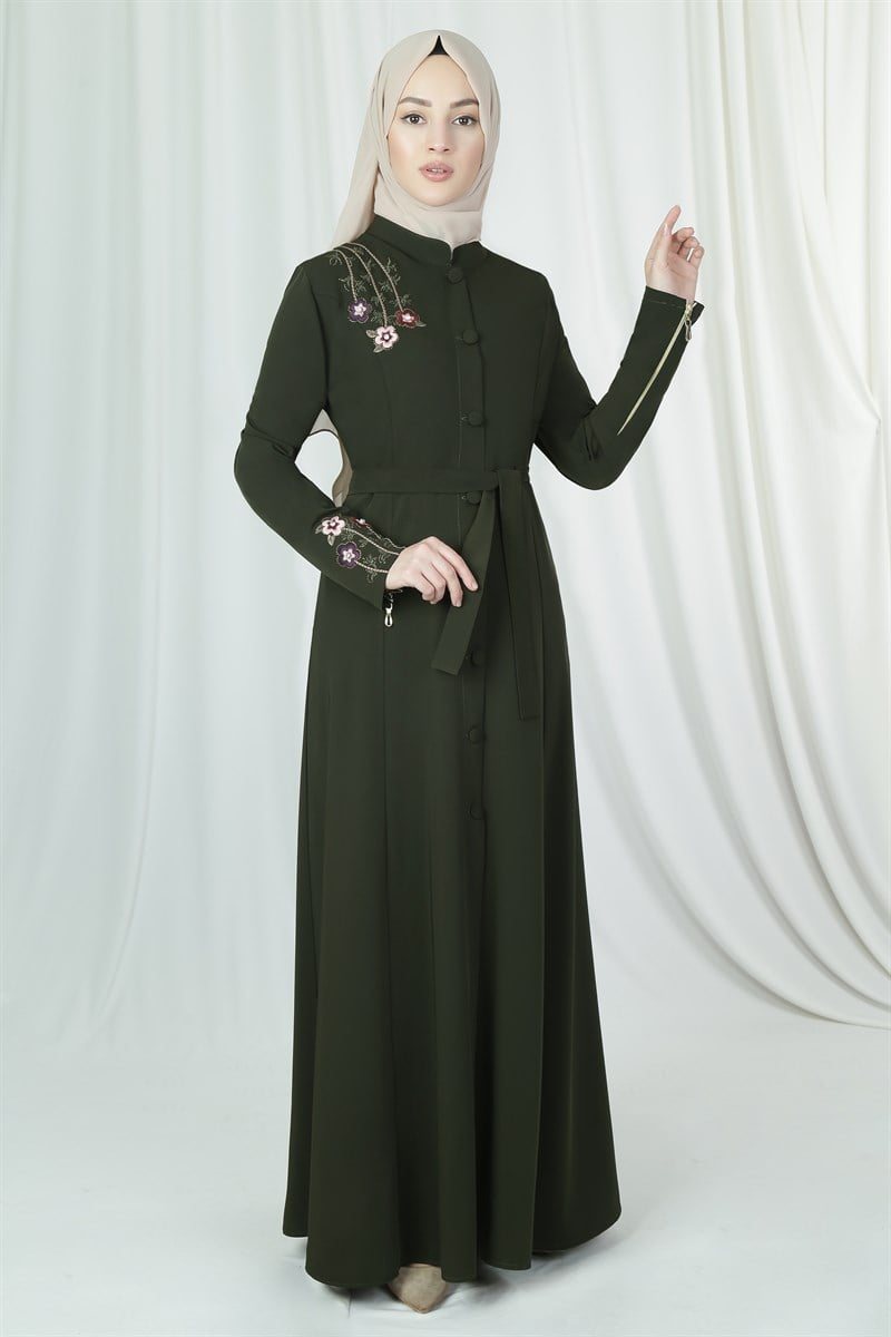 3205 Flora Embroidered Khaki Abaya