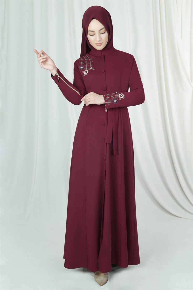 3205 Flora Embroidered Burgundy Abaya