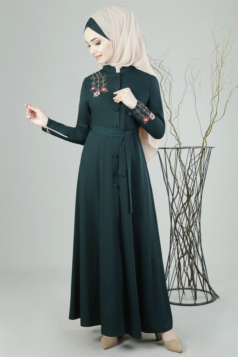 3205 Flora Nakışlı Zümrüt Ferace
