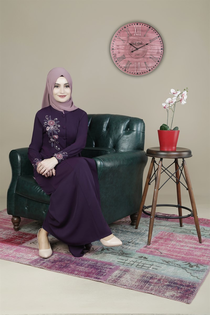 3214 Salkım Nakışlı Mürdüm Ferace