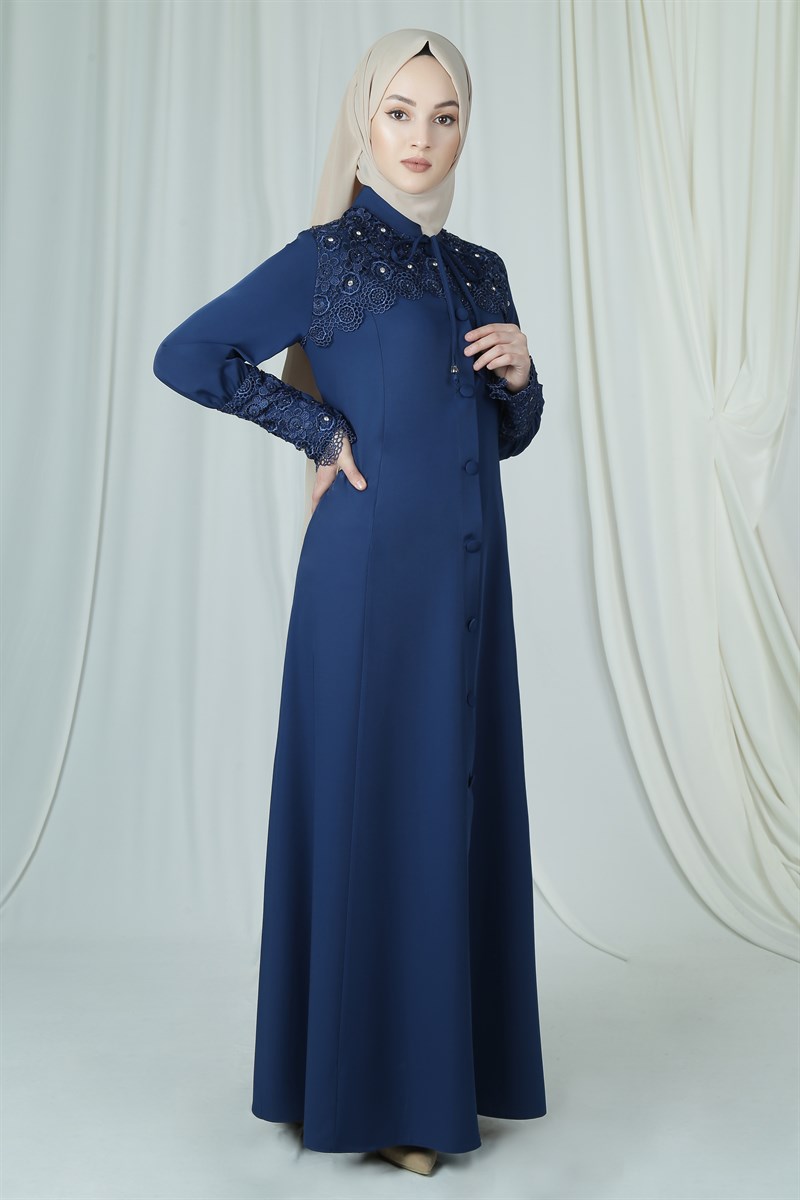 3230 Minel Laced Navy Blue Abaya 