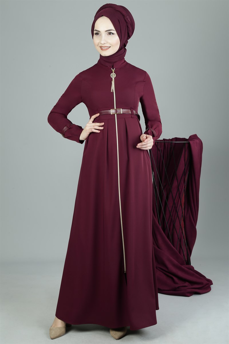3240 Belted Burgundy Abaya