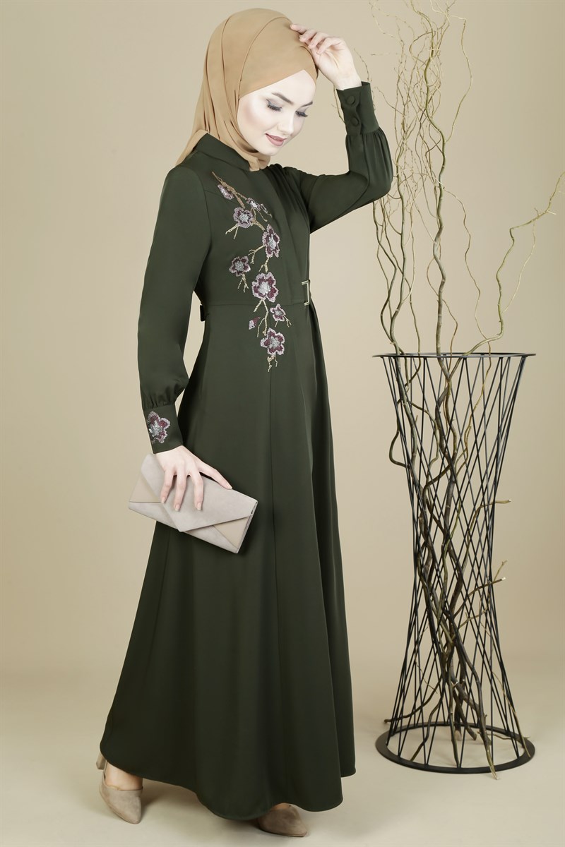 3246 Rose Desenli Haki Ferace