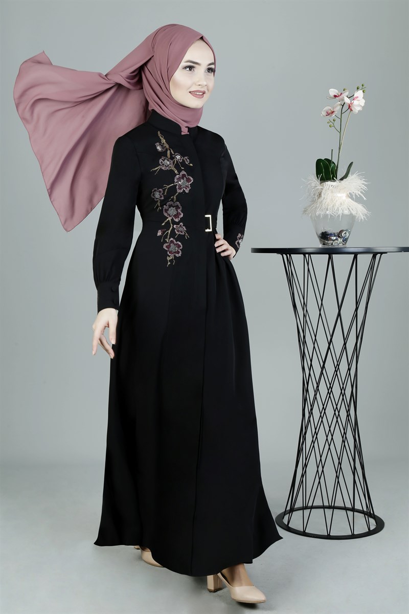 3246 Rose Desenli Siyah Ferace