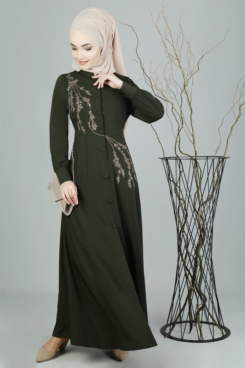 3253 Nakışlı Haki Ferace