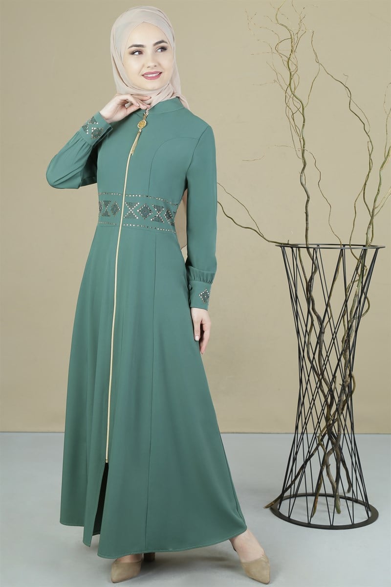 3295 Beli ve Manşetleri Taşlı Mint Ferace