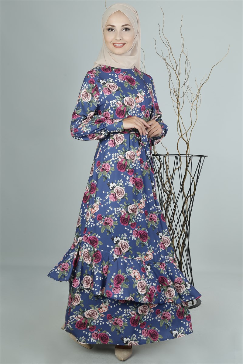 3332 Baskı Çiçekli İndigo Ferace