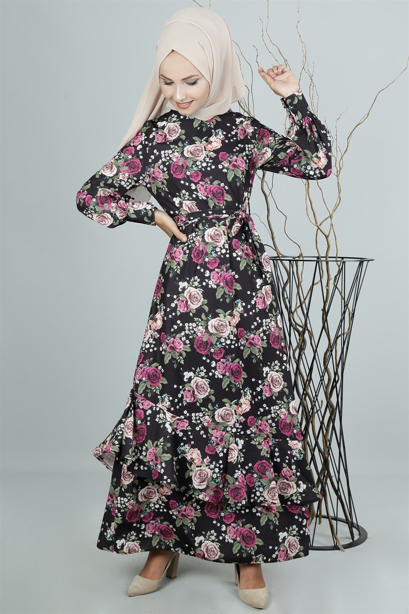 3332 Baskı Çiçekli Siyah Elbise