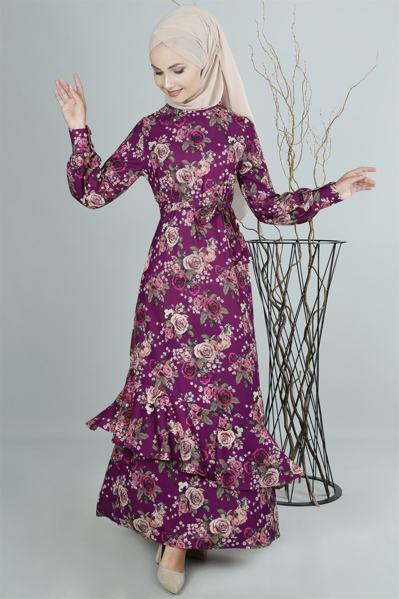 3332 Baskı Desenli Mor Ferace