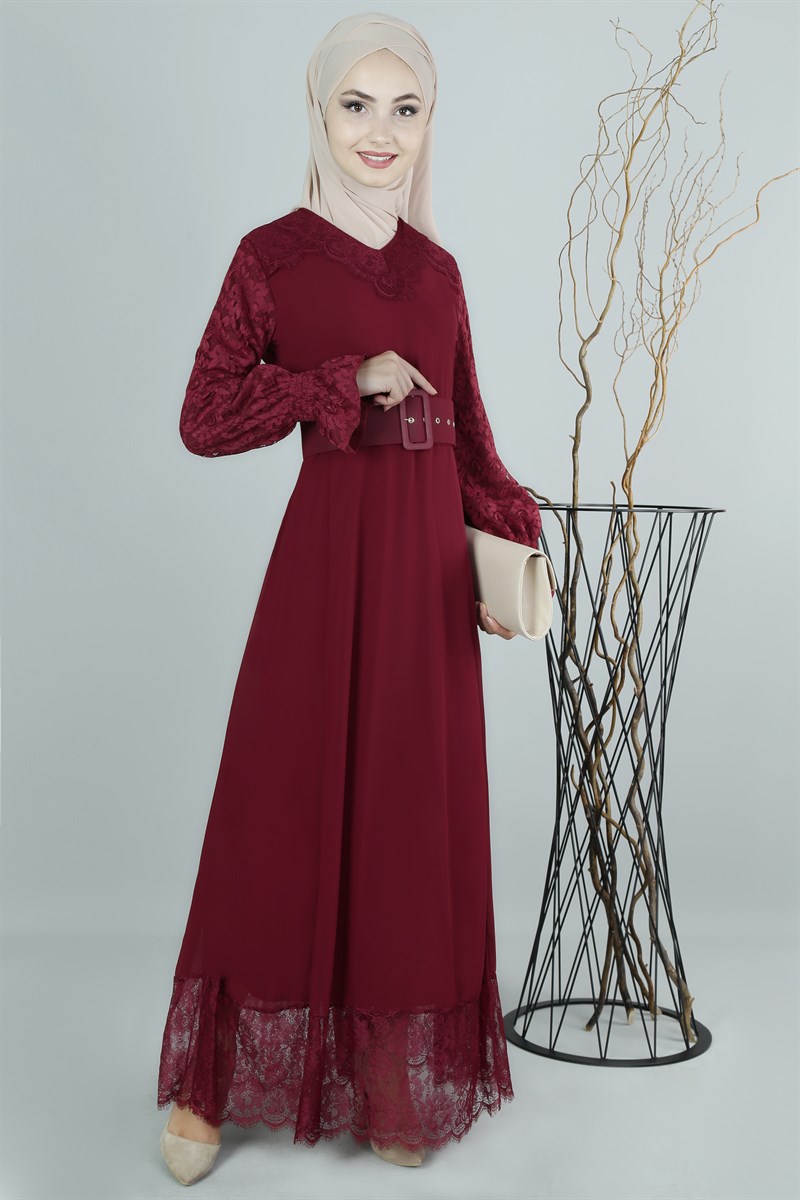3339 Dantel Detaylı Bordo Elbise