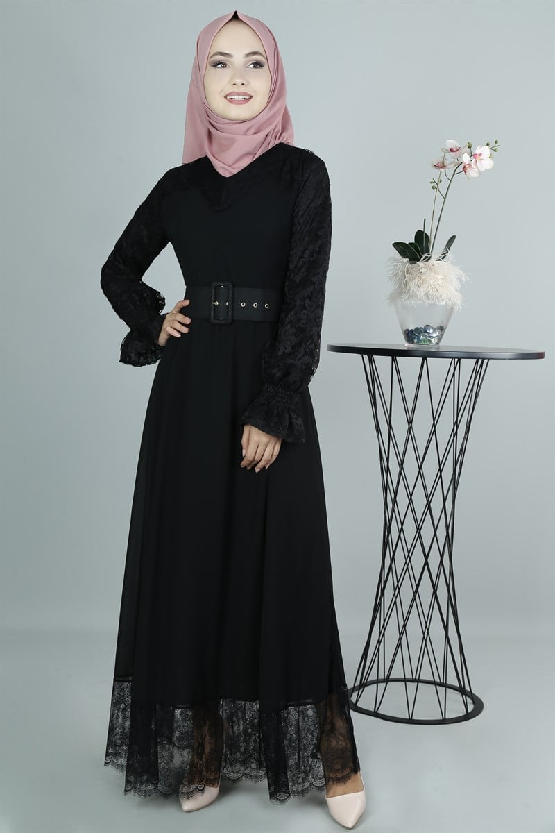 3339 Dantel Detaylı Siyah Ferace
