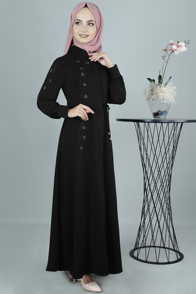 3349 Çiçekli Siyah Ferace