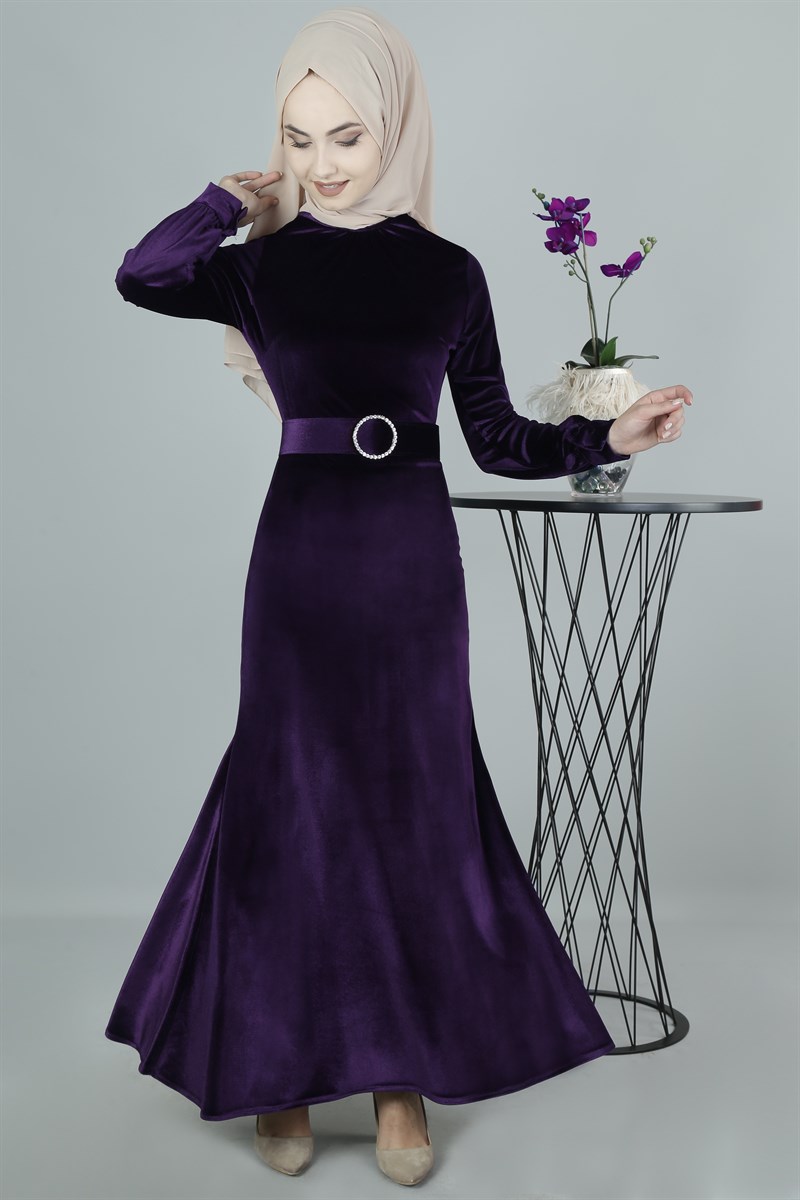 3387 Mürdüm Kadife Elbise