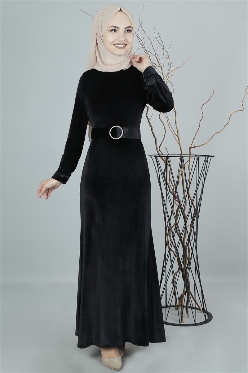 3387 Siyah Kadife Elbise