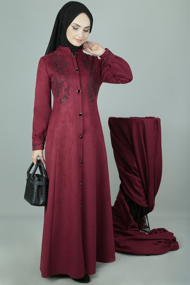 3395 Galvo ve Taş Baskılı Bordo Ferace