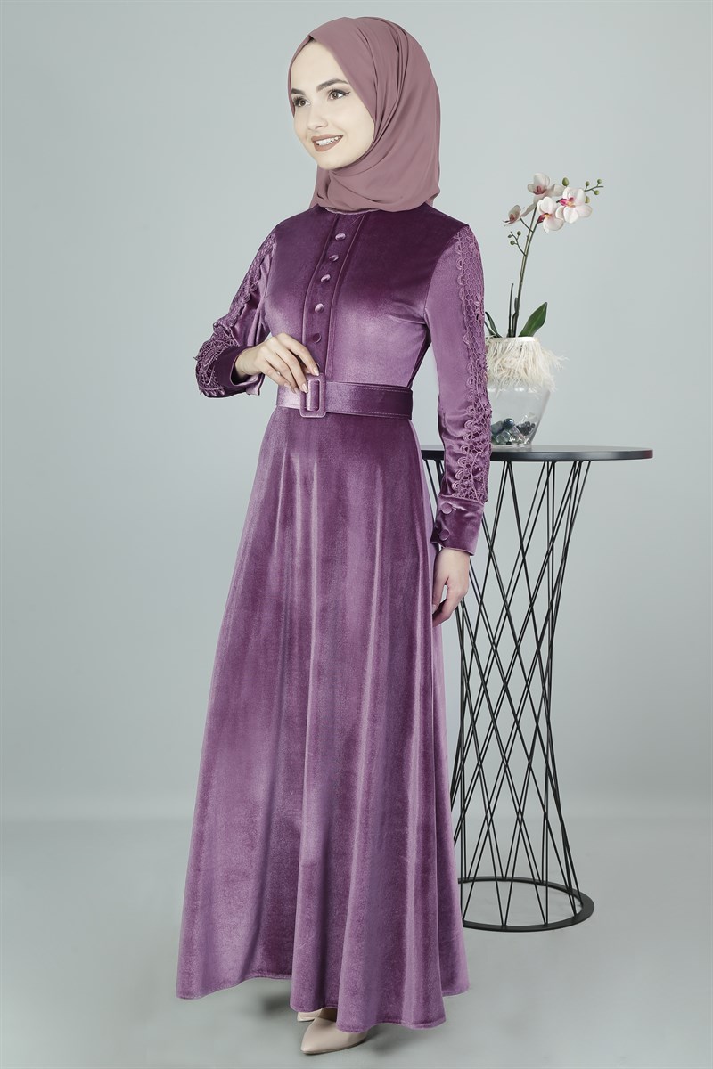 3401 Dantelli Lila Kadife Elbise